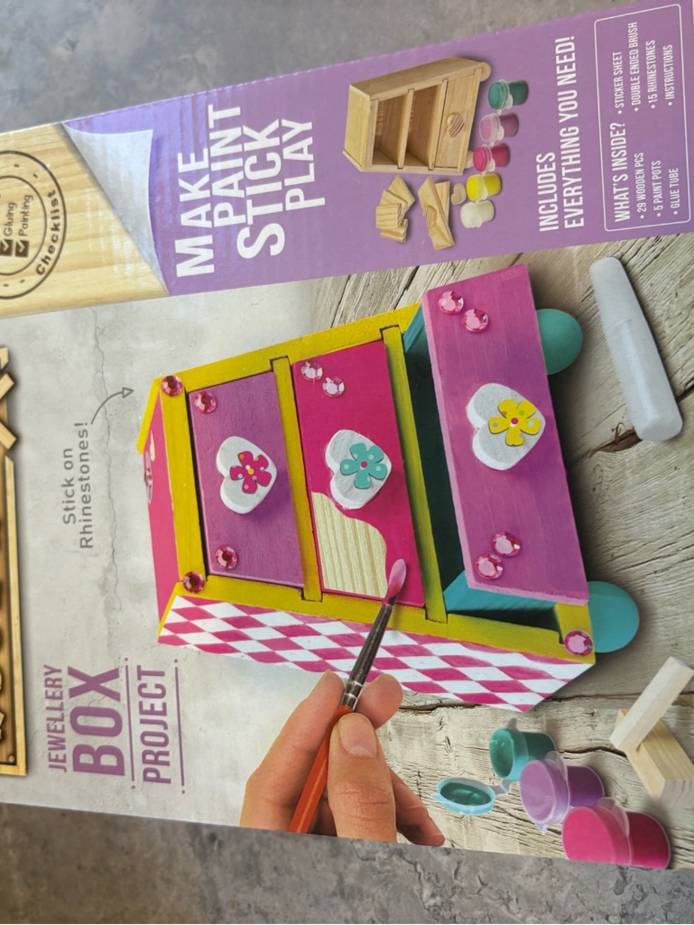 Craft Wooden Jewelry Box - Pink, Yellow, Teal Accents